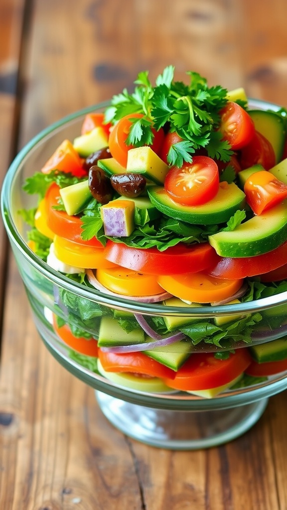 A colorful 7-layer vegan salad with layers of greens, tomatoes, cucumbers, and avocados, garnished with cilantro.